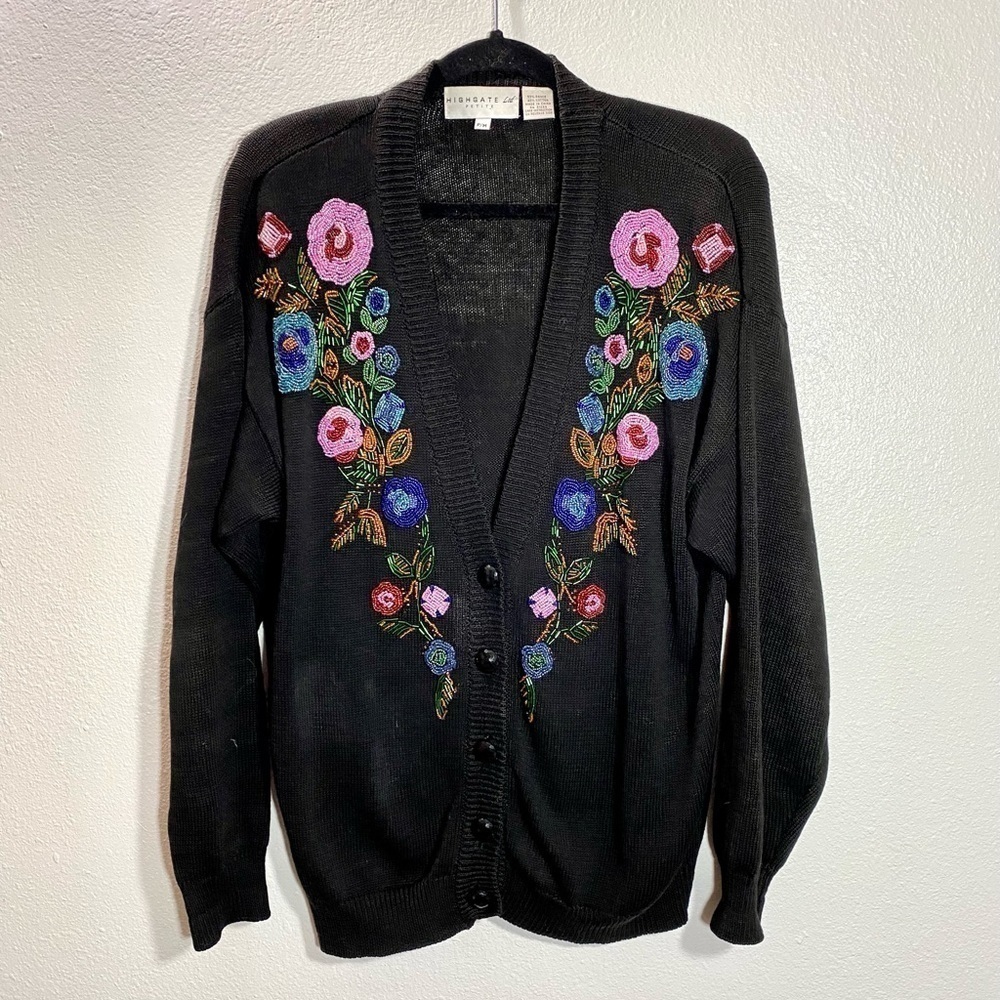 Highgate LTD Petite Vintage floral beaded knit button up cardigan size MP